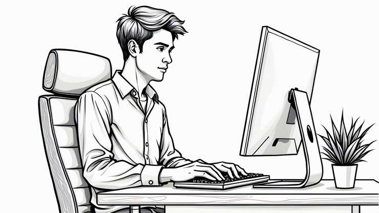 un hombre trabaja en su computadora mientras mira