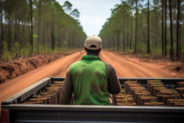 Hombre trabajador en la carrocería de un camión transportando árboles pequeños en una carretera de madera Vista trasera Reforestación Transporte de material de plantación de madera Uso sostenible del bosque Restauración ecológica AI generada