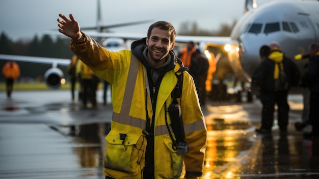 Hombre trabajador en chaqueta amarilla de pie frente al avión y agitando la mano en la lluvia