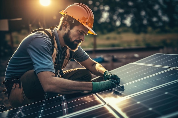 Hombre trabajador instalando paneles solares fotovoltaicos en el techo