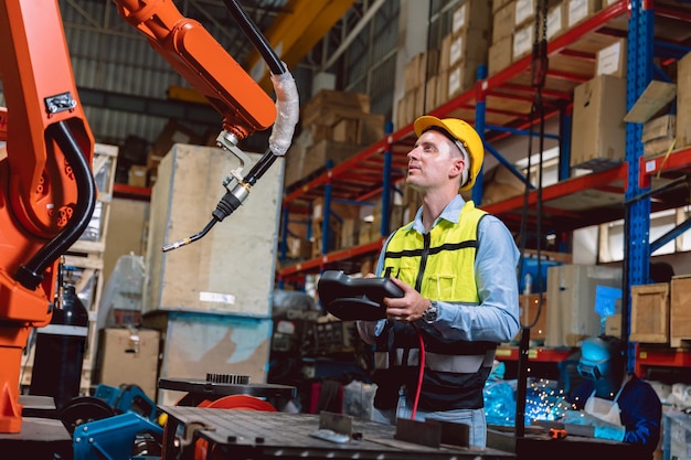 Hombre trabajador que trabaja con un brazo robótico que automatiza la máquina de soldadura en una fábrica de metal moderna Programa de ingenieros robóticos en la industria pesada
