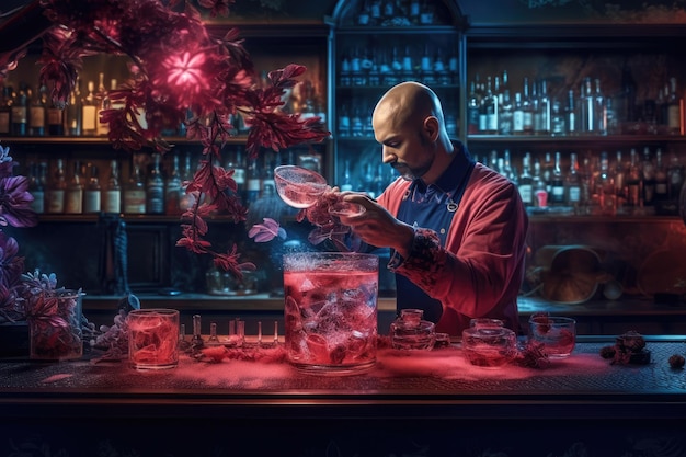 Hombre trabajando en un bar preparando varios cócteles coloridos Concepto de refrescos y hospitalidad