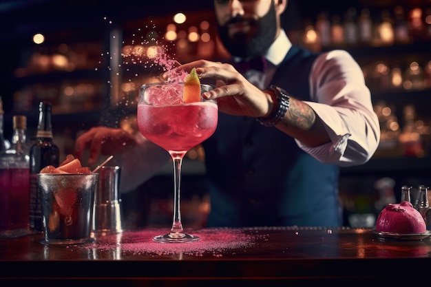 Hombre trabajando en un bar preparando varios cócteles coloridos Concepto de refrescos y hospitalidad