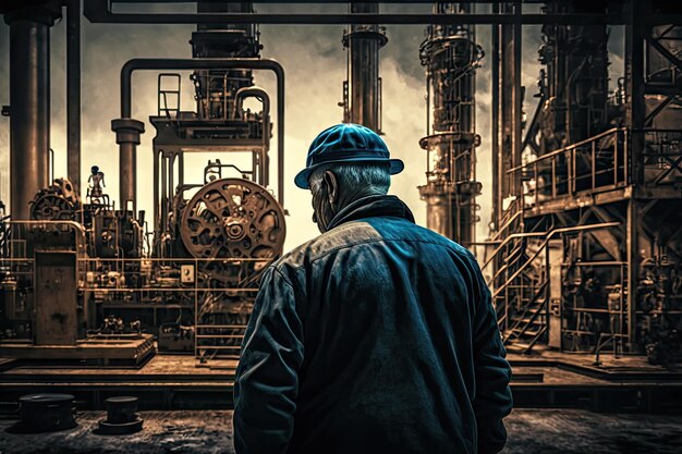 Hombre trabajando en bombas de aceite viendo el proceso de bombeo de aceite