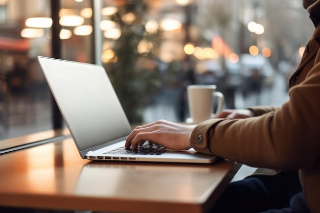 Hombre trabajando en un café usando una computadora portátil Escribiendo en el teclado IA generativa