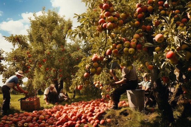 Foto un hombre está trabajando en un campo con un montón de manzanas.