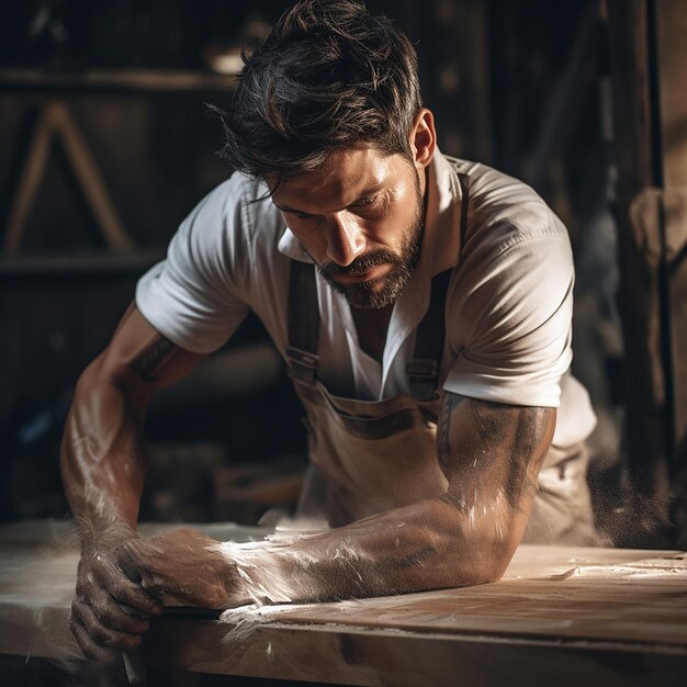 Hombre trabajando con carpintero de madera con camisa blanca