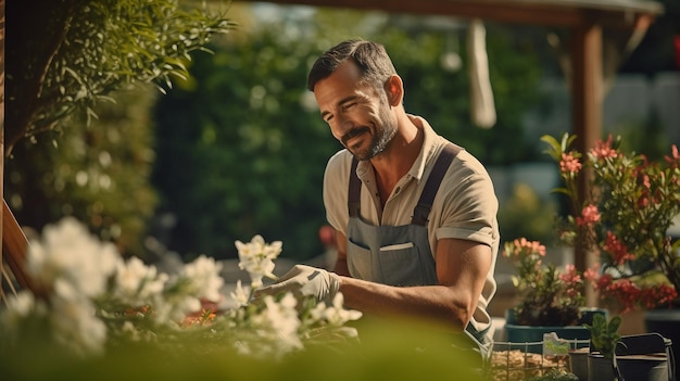 Hombre trabajando en un centro de jardinería cultivando plantas y ayudando a los clientes el día del trabajo