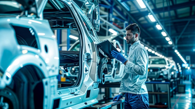 Hombre trabajando en un coche en una fábrica con una computadora portátil en la mano