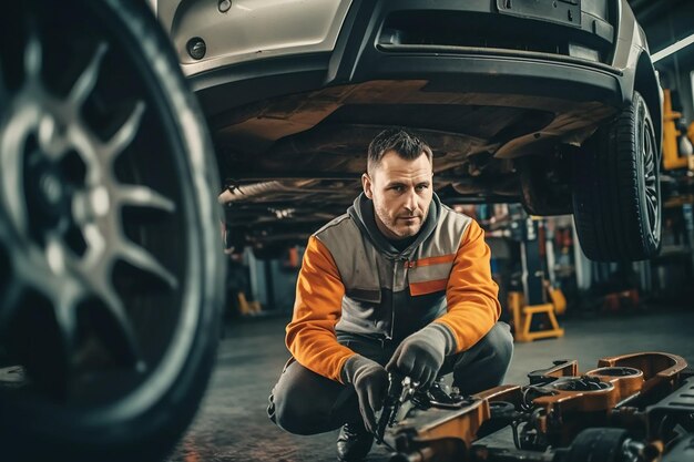 un hombre trabajando en un coche con una llave en la parte inferior.