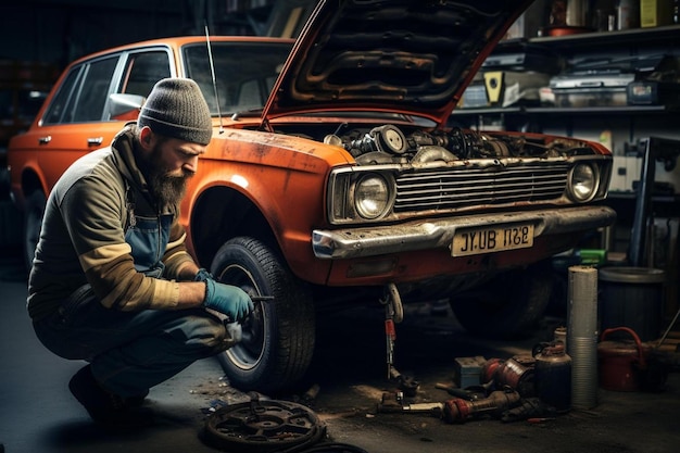 Foto un hombre trabajando en un coche con la matrícula número 487