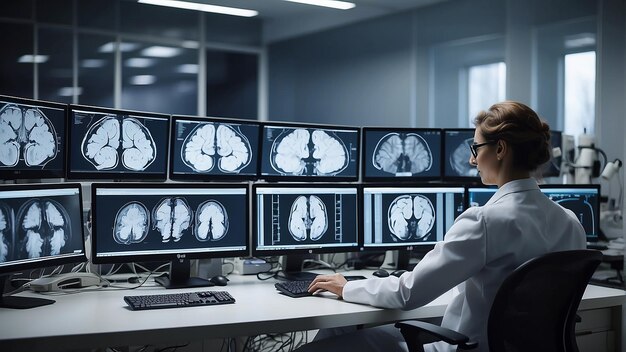 un hombre trabajando en una computadora con el cerebro en la pantalla