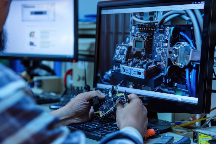 Foto hombre trabajando en computadora frente a un monitor con concepto de tecnología de placa de circuitos
