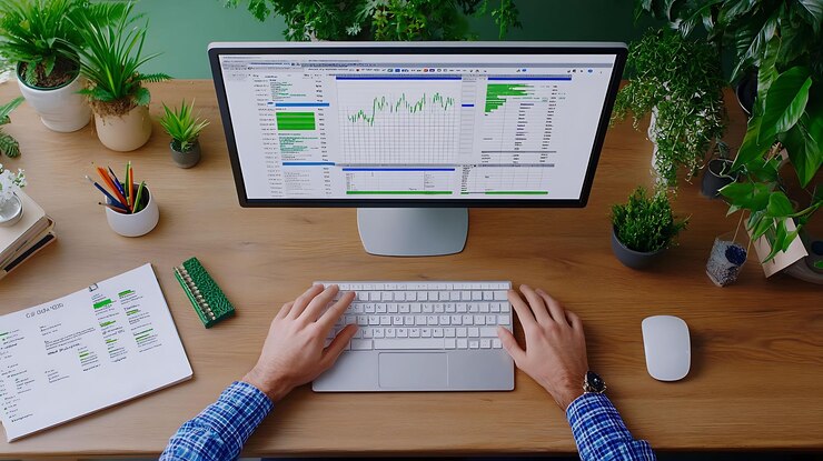 Foto hombre trabajando en computadora con gráficos de análisis de datos