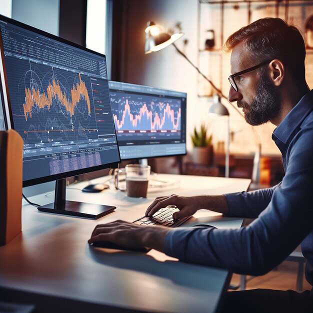 Hombre trabajando en computadora haciendo análisis de grandes datos