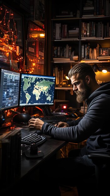 un hombre trabajando en una computadora con un mapa del mundo en la parte superior de ella