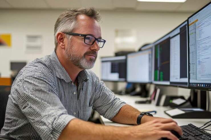 Foto hombre trabajando en una computadora con múltiples monitores