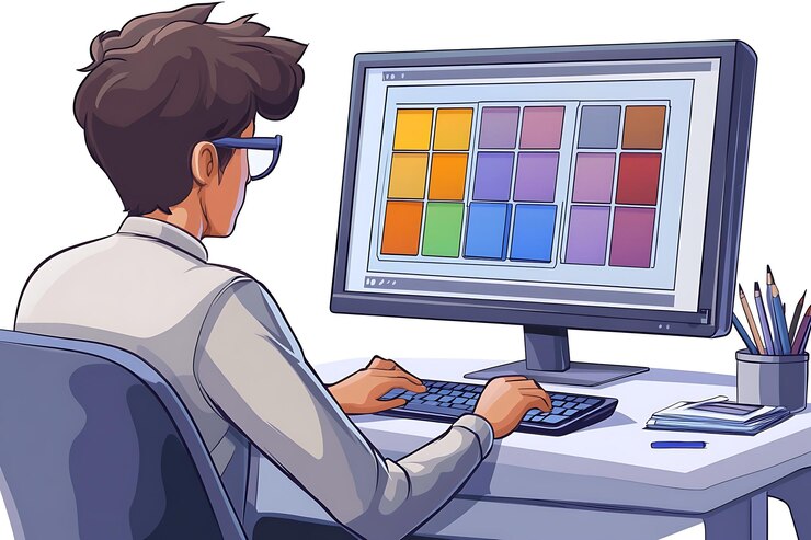 Foto hombre trabajando en una computadora con una paleta de colores en la pantalla