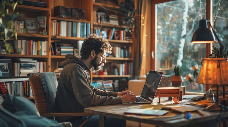 Hombre trabajando en una computadora portátil en una acogedora oficina en casa rodeado de libros y iluminación cálida