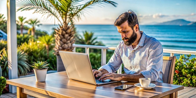 Hombre trabajando en una computadora portátil al aire libre con vista al océano
