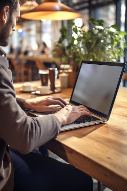 Foto un hombre trabajando en una computadora portátil en un bar con una pantalla que dice no