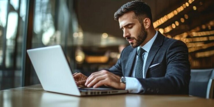 un hombre trabajando en una computadora portátil en un bar