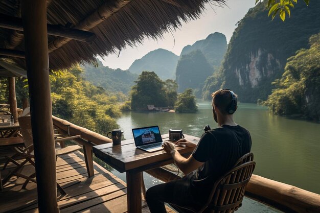 un hombre trabajando en una computadora portátil en una cabaña con vista a un río.