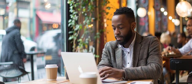 Hombre trabajando en una computadora portátil en un café