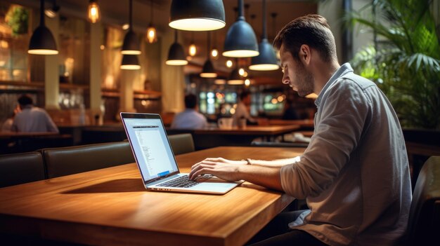 Un hombre trabajando en una computadora portátil en un café