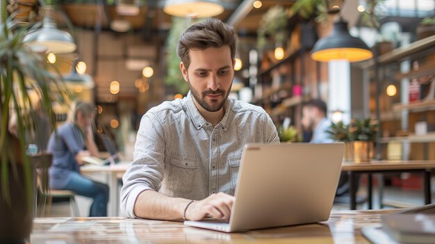 Hombre trabajando en una computadora portátil en una cafetería borrando a la gente en el fondo