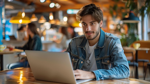 Hombre trabajando en una computadora portátil en una cafetería borrando a la gente en el fondo