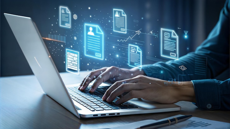 Foto hombre trabajando en una computadora portátil con documentos digitales flotando por encima de la pantalla