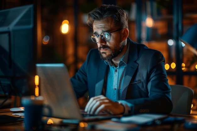 Hombre trabajando en una computadora portátil en un entorno de oficina moderno
