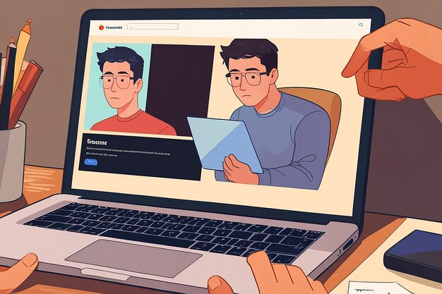 Un hombre trabajando en una computadora portátil con una imagen de dibujos animados de un hombre trabajando en ella