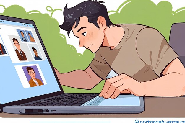 Un hombre trabajando en una computadora portátil con una imagen de dibujos animados de un hombre trabajando en ella