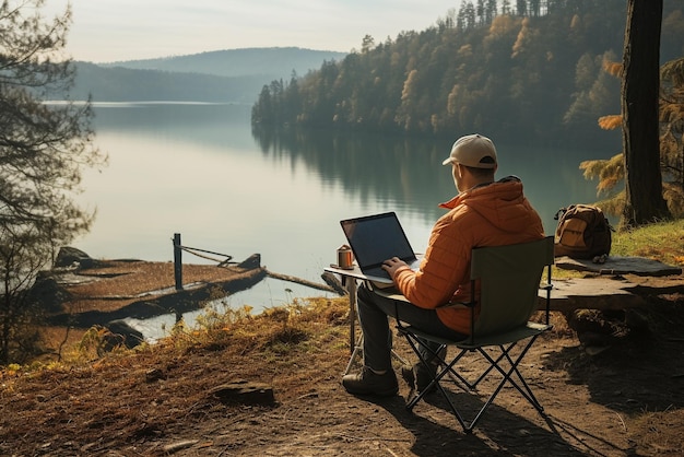 Hombre trabajando en una computadora portátil en un lago de montaña en otoño