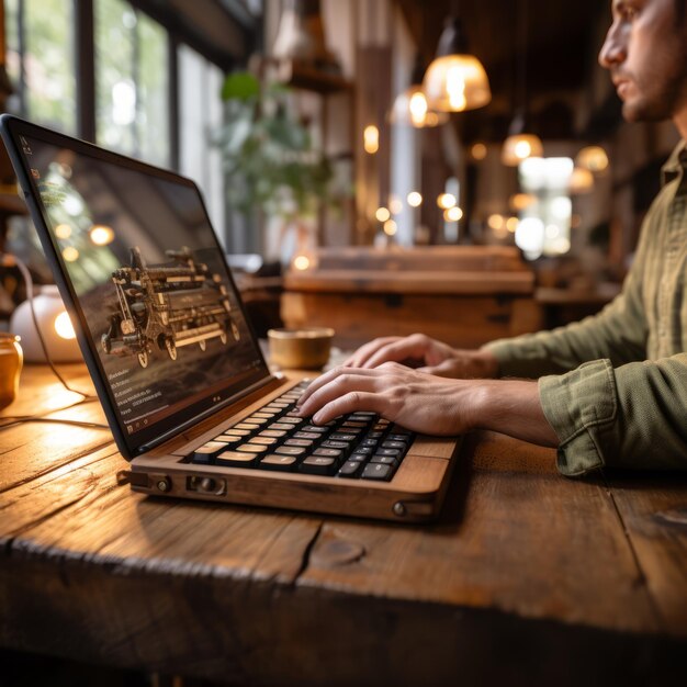 Hombre trabajando en una computadora portátil de madera en una habitación débilmente iluminada