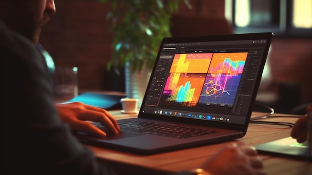 Foto hombre trabajando en una computadora portátil por la noche closeup concepto de mercado de valores generative ai