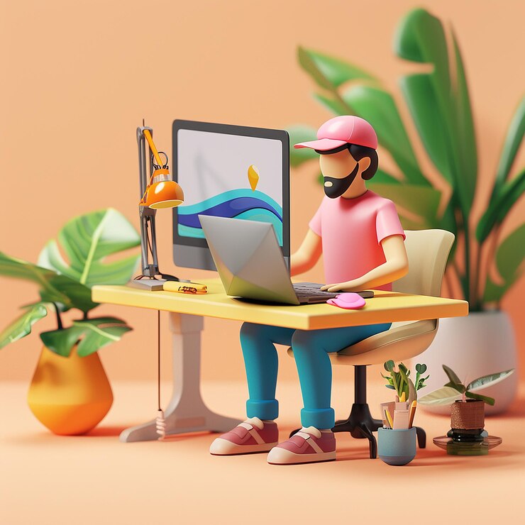 Foto un hombre trabajando en una computadora portátil con una planta en el fondo