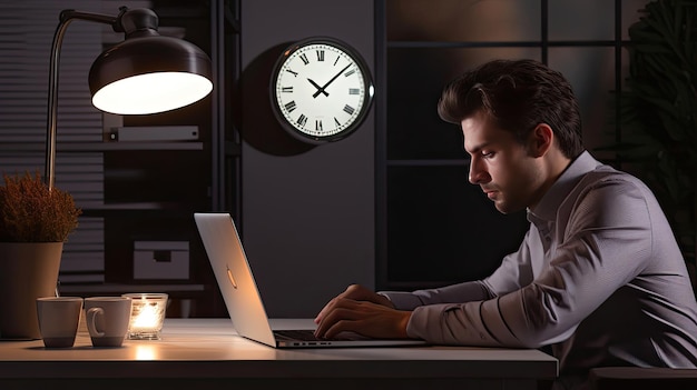 Foto un hombre trabajando en una computadora portátil con un reloj detrás de él.