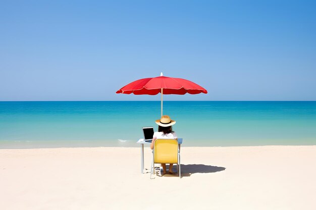 Foto hombre trabajando con una computadora portátil en una silla de cubierta en la playa red neuronal generada por ia