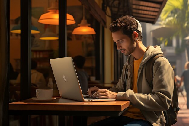 un hombre trabajando en una computadora portátil con una taza de café al fondo