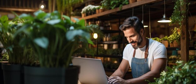 Foto un hombre trabajando en una computadora portátil en una tienda de flores