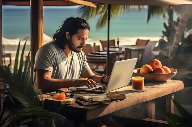 Hombre trabajando en una computadora portátil en Tropical Beach Resort