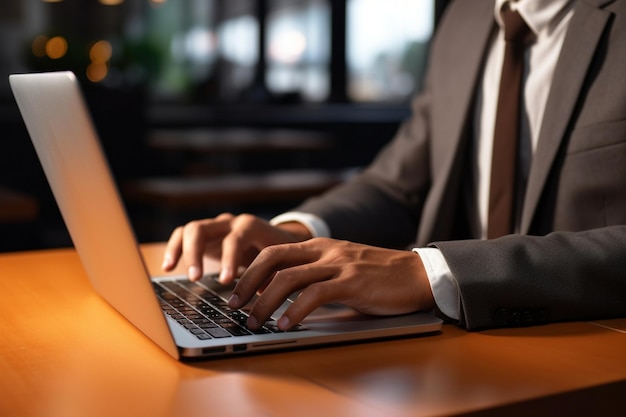 Un hombre trabajando con una computadora portátil vista de cerca un hombre trabajando con un ordenador portátil manos vista de cerca hombre de negocios