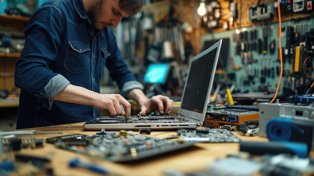 Foto un hombre está trabajando en una computadora en un taller aig41