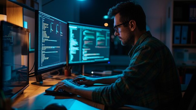 Foto el hombre está trabajando en la computadora.