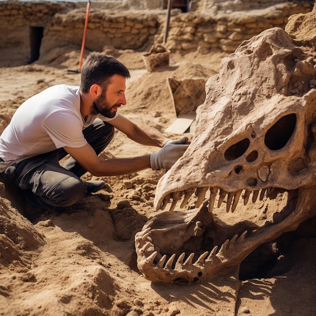 Foto un hombre está trabajando en un dinosaurio con un cráneo en la arena.