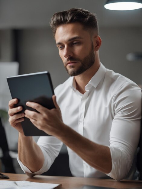 Hombre trabajando con dispositivos modernos.