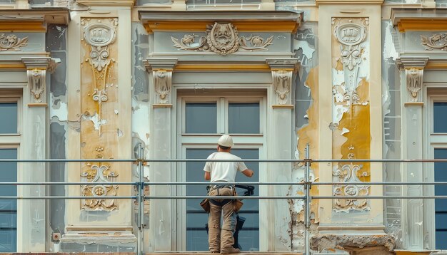 Foto un hombre está trabajando en un edificio pintando el exterior